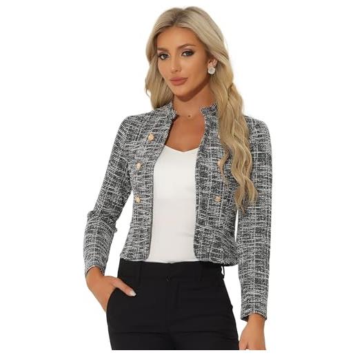 Allegra K blazer in tweed vintage da donna con colletto rialzato da lavoro e da ufficio giacca corta aperta sul davanti nero xs
