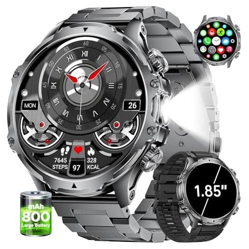 LIGE smartwatch uomo con torcia led/800mah, 1.85'' orologio smart watch con chiamata bluetooth, ip68 impermeabile 110+ modalità sportive cardiofrequenzimetro spo2 e sonno per android ios