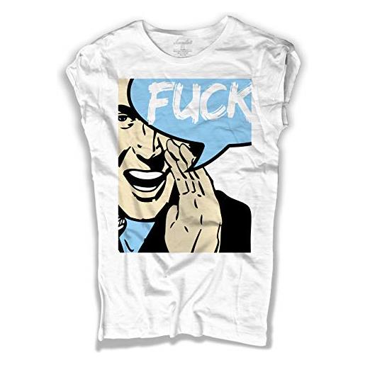 3styler t-shirt donna bianca f**k in a loud voice light blue version- pop art - andy roy shirt - linea amazink - cotone fiammato (slub) 150 gr/mq (xl, bianco)