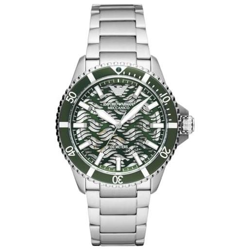 Emporio Armani orologio uomo, movimento automatico a tre lancette, cassa in acciaio 42 mm con bracciale in acciaio, ar60061, argento e verde