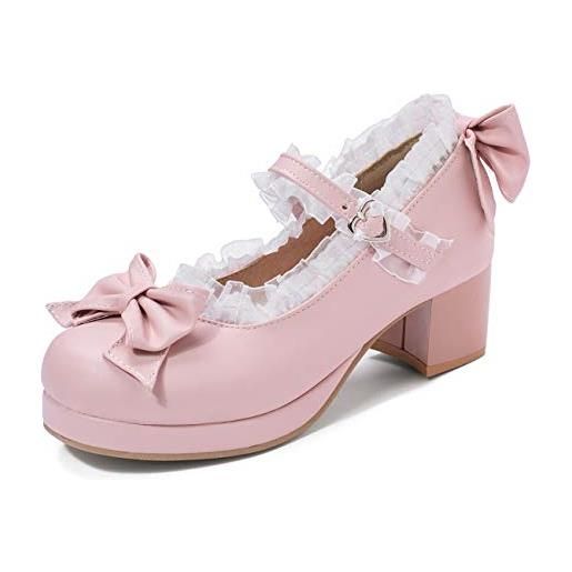 KISSASA - scarpe da donna con plateau lolita, con tacco mary jane e fiocco, rosa (rosa), 39 eu