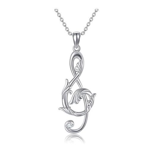 URONE Collana Con Note Musicali E Giglio, Argento 925, Ciondolo Chiave Di Violino 25mm, Catena 45+5 Cm