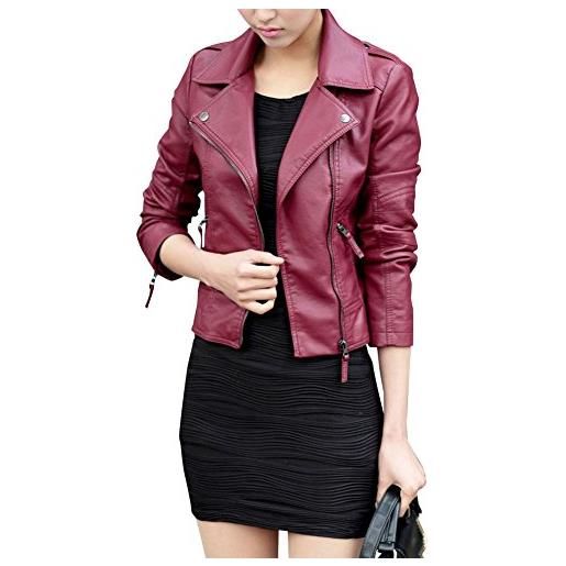 LaoZan giacca donna inverno giacche in pelle pu vintage moto giubbino giubbotto corto manica lunga con zip l vino rosso