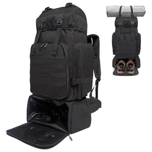 Lizbin zaino tattico militare molle da 80 l, zaino da campeggio con scomparto per scarpe, zaino leggero da uomo, resistente all'acqua, zaino da viaggio, borsa di sopravvivenza (nero)