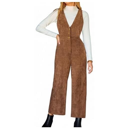 CUPSHE tuta da donna invernale e autunnale in velluto a coste casual con scollo a v senza maniche con bottoni a gamba dritta pantaloni pagliaccetto, marrone, m
