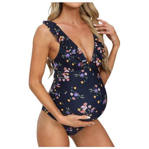 CUPSHE costume da bagno intero premaman da donna con scollo a v profondo con volant sul retro cravatta increspata spalline regolabili costumi da bagno, blu scuro/floreale, s