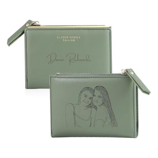 Portafogli Personalizzato Per Donna Con Fiore Del Mese E Nome - Regalo Per Moglie In Pelle PU Verde, Incisione Laser, 15 Scomparti
