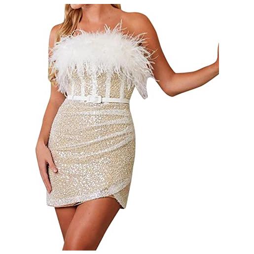 Generisch eleganti abiti da donna, per feste, da sera, sexy, con nappa, con paillettes, abito in piuma, da donna, bianco, s