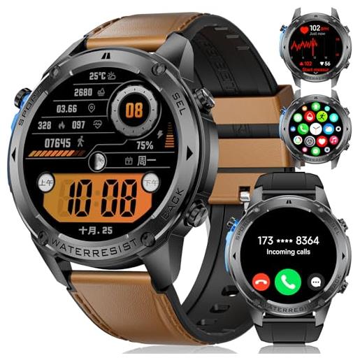 ESFOE dm2 orologio smart uomo gps 48mm - 45 giorni di autonomia/5atm&ip69k impermeabile, bussola altimetro chiamate 1.43 amoled sempre attivo, 24h monitoraggio salute, orologio smart militare per ios