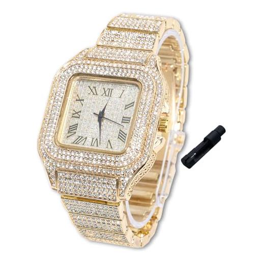 Halukakah orologio con diamanti in oro per ragazzi, adolescenti, bambini - placcato in oro 18 carati, quadrante quadrato 40mm, quarzo giapponese - lunghezza 18.5cm, con strumento regolatore -per compleanni