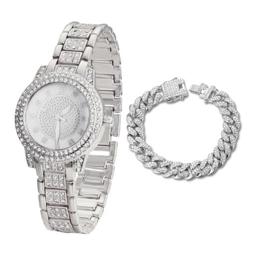 HALUKAKAH orologio con diamanti per ragazzi, bambini - placcato in platino, quadrante rotondo con strass gypsophila, quarzo giapponese - lunghezza 19,5cm - viene fornito con catena cubana 18cm