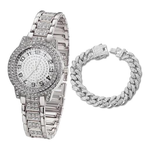 HALUKAKAH orologio con diamanti in oro per bambini - placcato in platino, quadrante tondo con numeri arabi, quarzo giapponese - lunghezza 19.5cm, con catena cubana 18cm - per compleanni, feste