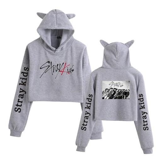 Satdflie stray kids felpe con cappuccio graziose orecchie da gatto donna ombelico scoperto maglione a maniche lunghe top corto stampato per i fan bang chan changbin hyunjin han felix, colore/11, xs