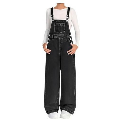 Generic salopette baggy denim ragazze gamba larga salopette salopette senza maniche cinturino regolabile jean tute scuola gamba dritta elastico casual vintage bretella pantaloni, nero , 7-8 anni