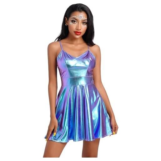 FYMNSI mini abito da donna metallizzato, con spalline, senza maniche, con brillantini, effetto bagnato, per feste, skater, blu laser, s
