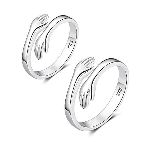 Anello Regolabile Yunobi In Argento Sterling 925 – Mani Che Si Abbracciano, Per Lei E Lui (2 Pezzi)