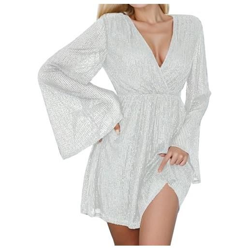 KBOPLEMQ abito da donna elegante, con scollo a v, con paillette, con paillettes, elegante, sexy, da sposa, da sera, o bianco. , m
