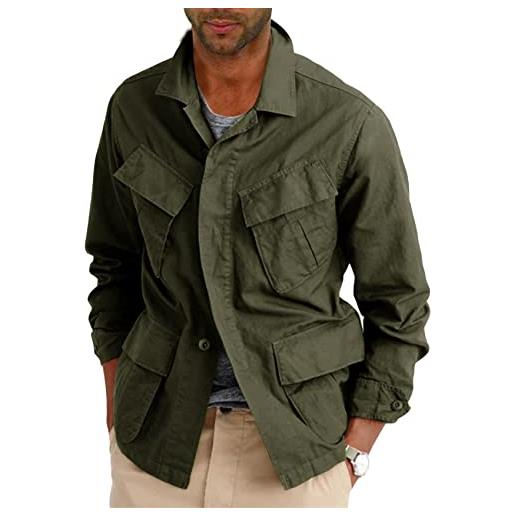 Runcati giacca da safari leggera da uomo in cotone con bottoni e zip militare da esterno, verde militare, x-large