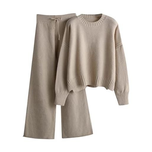 Generisch vestito da donna a maglia in due pezzi, con colletto alto e pantaloni a maglia, elegante tuta per il tempo libero, set da 2 pezzi di dolcevita e pantaloni a taglio largo, set invernale caldo