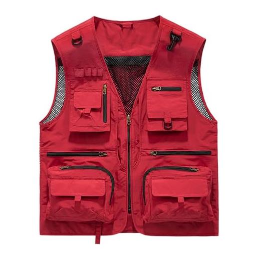 FITPOST gilet cargo in rete traspirante con zip, gilet estivo da lavoro da uomo con tasche, gilet tattico ad asciugatura rapida multi-tasca, rosso, xxxl