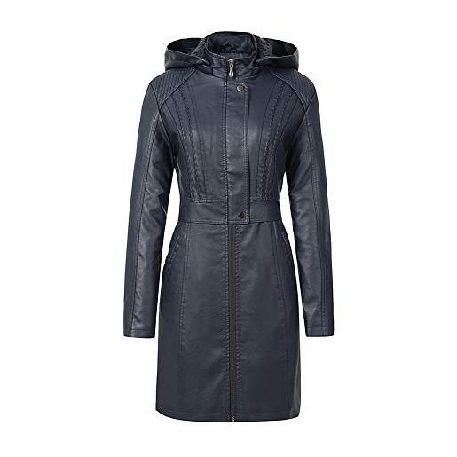 GUOCU giacca lunga da donna in pelle pu giacche invernali tenere caldo trench con cappello staccabile più spesso cappotto morbido e confortevole cappotto retrò, blu, l