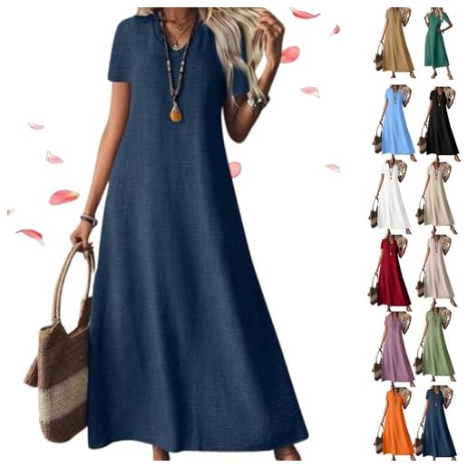 Generico linen dress women sleeveless v neck tunic boho maxi dress, casual summer modest long flowy beach vacation sun dresses (dark blue, xl)