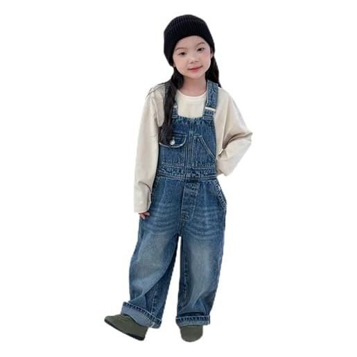 Generic salopette larga in denim a gamba larga per bambini per la scuola senza maniche con bretelle con cinturino regolabile jean tute a gamba dritta casual vintage pantaloni con bretelle, blu, 13-14 anni
