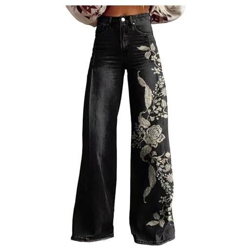BeerMmay jeans da donna a vita alta con stampa floreale, jeans larghi a gamba larga, pantaloni in denim alla moda streetwear larghi, z35, s