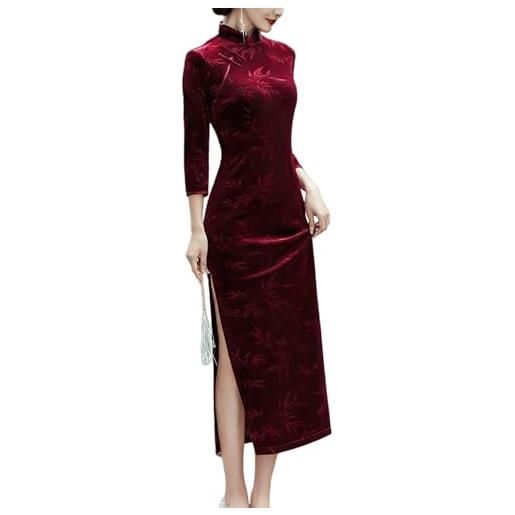 Generico abito da sera in morbido velluto cheongsam da donna stile cinese con colletto alto stampa di foglie di bambù lungo con spacco laterale manica a 3/4 qipao bordeaux xl