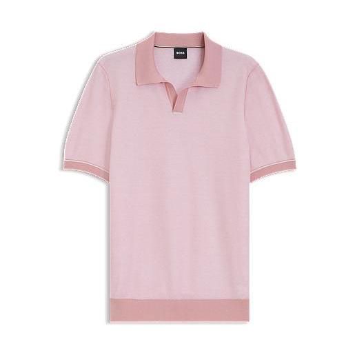 BOSS polo in maglia di misto cotone con riga orizzontale, rosa chiaro