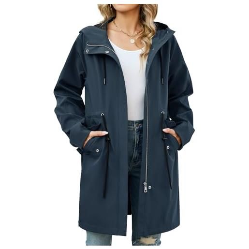 Tuopuda giubbotto leggero donna con cappuccio cappotto lungo con vita regolabile parka giacca a vento idrorepellente per la primavera autunno(marina militare, xxl)
