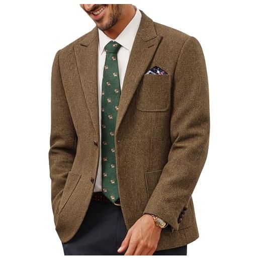 PJ PAUL JONES giacca da uomo a 2 bottoni in tweed di lana, blazer britannico regular fit, giacca da completo business per uomini, marrone, xl