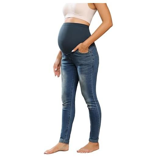Maacie pantaloni premaman lunghi elastici per gravidanza, comodi jeans primaverili estivi, blu scuro con orli arrotolati, l