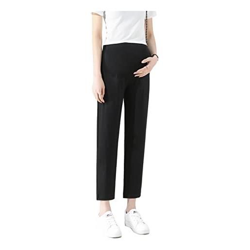 Olamao pantaloni gravidanza, da donna, vestibilità dritta, lunghezza 3/4, con tasche, fascia addominale regolabile per adattabilità, elegante e alla moda, ideali per donne sotto i 168 cm, nero , l