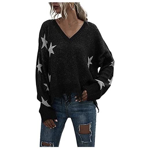 Generic maglioni da donna oversize con scollo a v maglioni lavorati a maglia da donna con grafica a stella a pipistrello top a maniche lunghe da donna pullover corto strappato jacquard casual maglieria
