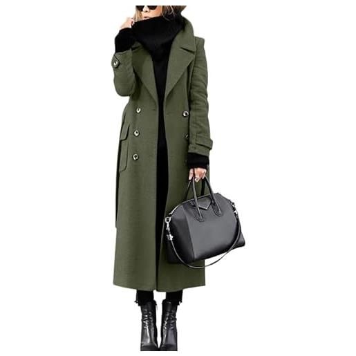 LCDIUDIU trench da donna in misto lana con revers, doppiopetto grigio, giacca invernale lunga retrò autunno inverno, giacche con cintura, capispalla classici ed eleganti tasca, verde militare xl