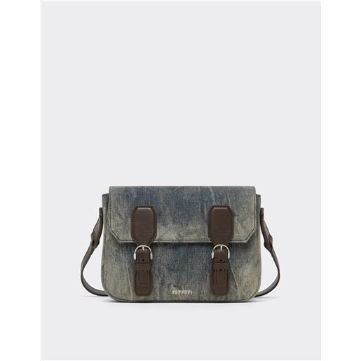 Ferrari messenger bag in denim acidato - male borse e accessori da viaggio blu denim