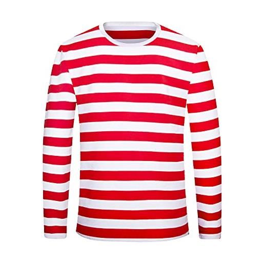 Ehoomely camicia da uomo a righe rosse e bianche waldo costume da rapinatore di halloween pugsley addams nero bianco a righe t-shirt top, lungo (rosso+bianco), xx-large