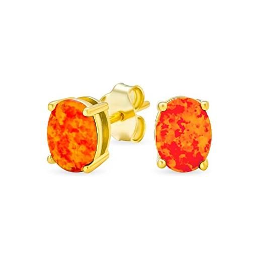 Bling Jewelry semplici orecchini a perno ovali in opale sintetico di lusso color arancione fuoco classico placcati in oro giallo 14 carati su argento sterling. 925 pietra preziosa di ottobre di 7 mm di diametro