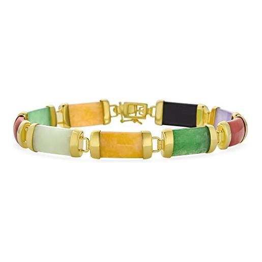 Bling Jewelry bracciale in stile asiatico con pietre preziose multicolore genuine in giada gialla, rossa, bianca e verde, con maglie a tubo sagomato per donna, placcato in oro giallo 14k, argento sterling. 925, 7,5