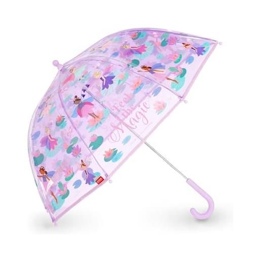 Legami - ombrello per bambini dancin' in the rain, tema fairy, struttura antivento, apertura manuale, chiusura in tessuto con spazio per nome, impugnatura a gancio, 73x65 cm