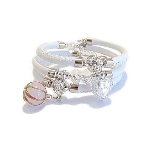 VENEZIA CLASSICA - bracciale da donna con perle in vetro di murano originale e vera pelle toscana a tre giri bianco, con foglia in oro 24kt e argento, made in italy certificato (argentato)