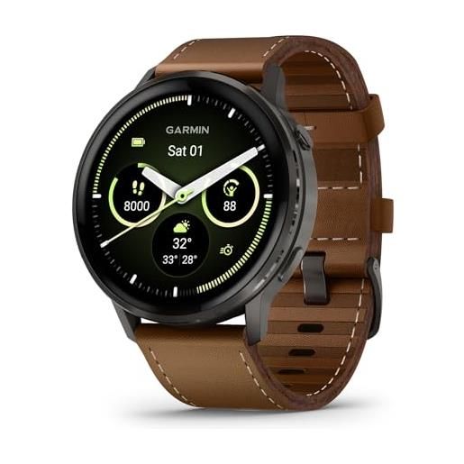 Garmin venu 4, 45mm, advanced health and fitness gps smartwatch, display luminoso e colorato, torcia integrata, 12 giorni di autonomia, ardesia con cinturino in silicone nero/cinturino in pelle