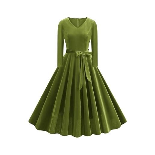 ODOLDI abito da donna anni '50, in velluto, a maniche lunghe, scollo a v, con cintura, abito da cocktail, verde, s