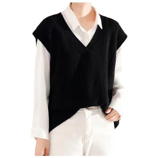 REHJJDFD gilet da donna in misto lana con scollo a v senza maniche in maglia gilet vintage allentato inverno pullover gilet, nero , xxl