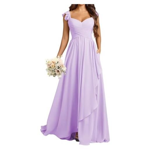 WSEYU abito da damigella d'onore da donna, in chiffon, con spacco, con tasche, abito da cocktail taglie forti, colore nero, lavanda, 52