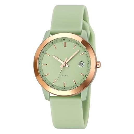 findtime orologio da polso da donna, alla moda, con data, calendario, impermeabile, analogico, al quarzo, cinturino in silicone, minimalista, quadrante oro rosa, verde