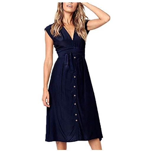 Shmily Girl abito estivo da donna, con scollo a v, a righe, senza maniche, casual, swing, con bottoni, blu mare, xl