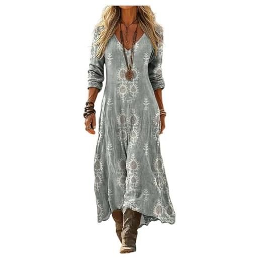 Mfhmom abito maxi da donna in misto lino e cotone - design vintage con scollo a v e maniche a 3/4 - vestito lungo estivo stile bohemien casual e fresco per spiaggia e vacanze taglie forti