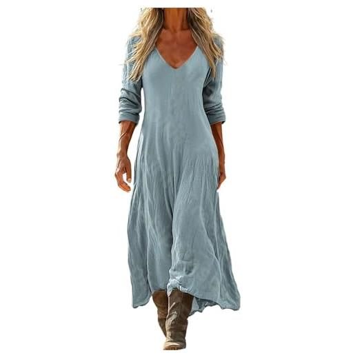 Mfhmom abito maxi da donna in misto lino e cotone - design vintage con scollo a v e maniche a 3/4 - vestito lungo estivo stile bohemien casual e fresco per spiaggia e vacanze taglie forti